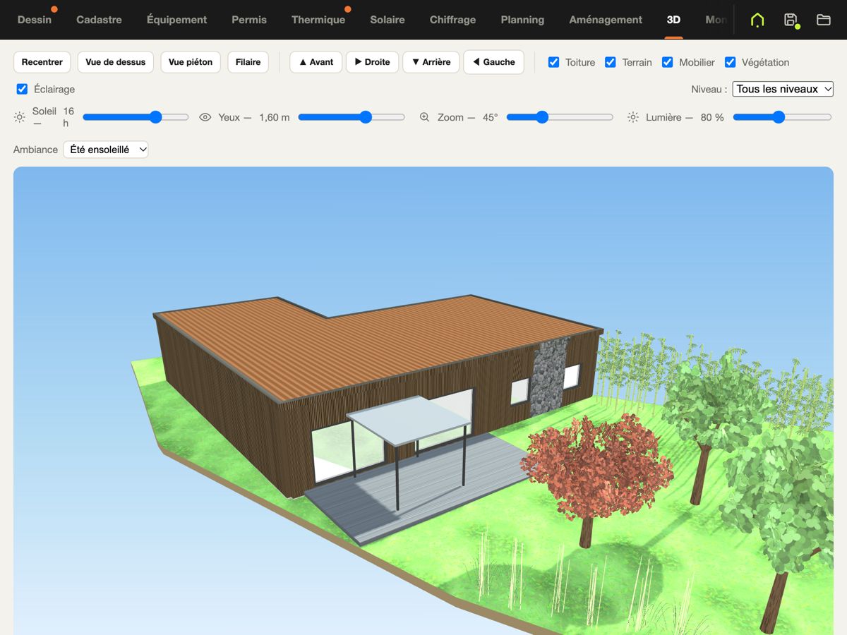 Onglet 3D de Maizr : maison en bardage bois avec terrasse, pergola et jardin, lumière d'été à 16 h