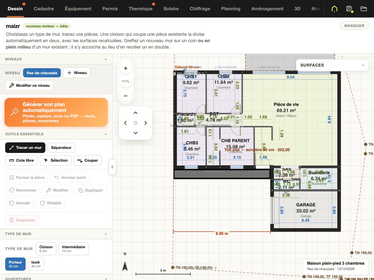 Onglet Dessin de Maizr : plan coté d'une maison de plain-pied avec la surface de chaque pièce et le bouton « Générer son plan automatiquement »